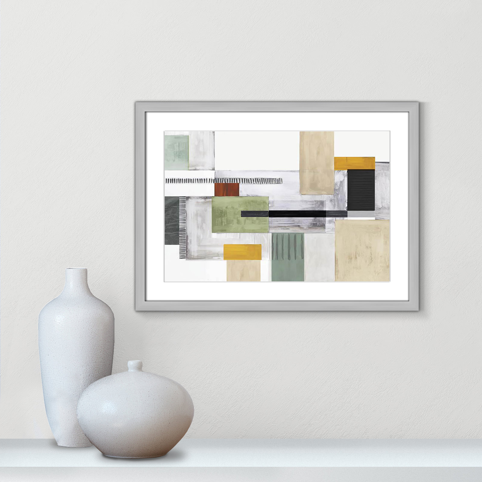 Playful Blocks by Tom Reeves, White, 17" H x 23" W x 1.25" D, Silver Box Picture Framed