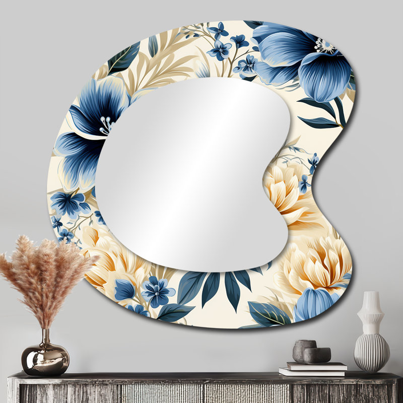 Blue And White Flowers Retreat - Floral Traditional Wall Mirror In Asymmetrical Shapes, 33" x 33"