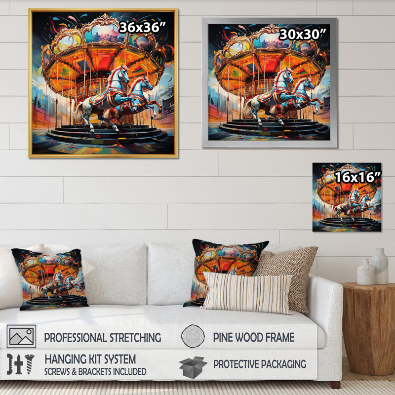 Carousel Horses I - Carousel Canvas Print, H 16 po x l 16 po x P 1 po, Cadre photo noir