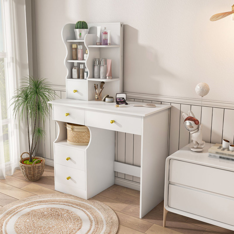 Coiffeuse blanche, miroir et lumière DEL, coiffeuse à 5 tiroirs, miroir mobile et caché, écran tactile en mode 3 couleurs, rangement pour chambres à coucher pour femmes et filles