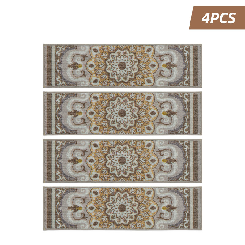 Tapis d'escalier antidérapant Nalesha, Beige géométrique monochrome, Rectangle 30 po x 8 po, 4