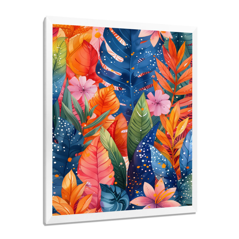 «Botanical Orange Blue Palm Leaves - Palmiers et palmiers», art mural, H 24 po x l 32 po, Cadre simple blanc, bois massif