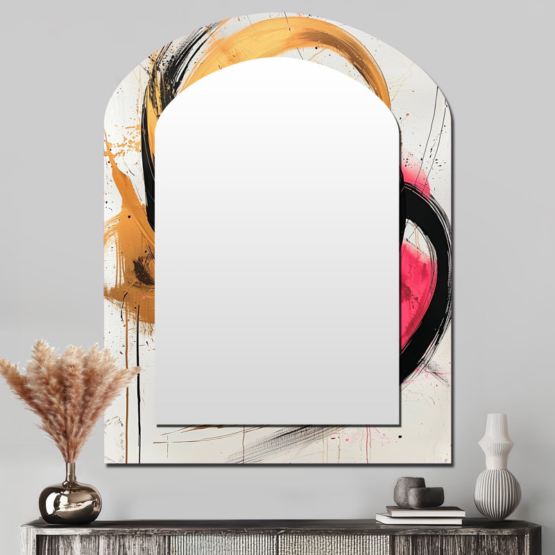 Abstract Circles In Pink And Gold Tones VI - Abstract Shapes Arch Decorative Mirror, Modern Asymmetrical Wall Mirror, Printed Metal Art