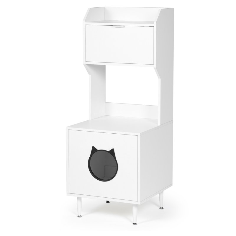 Enceinte de litière avec tablettes et portes en bois blanc pour chat caché