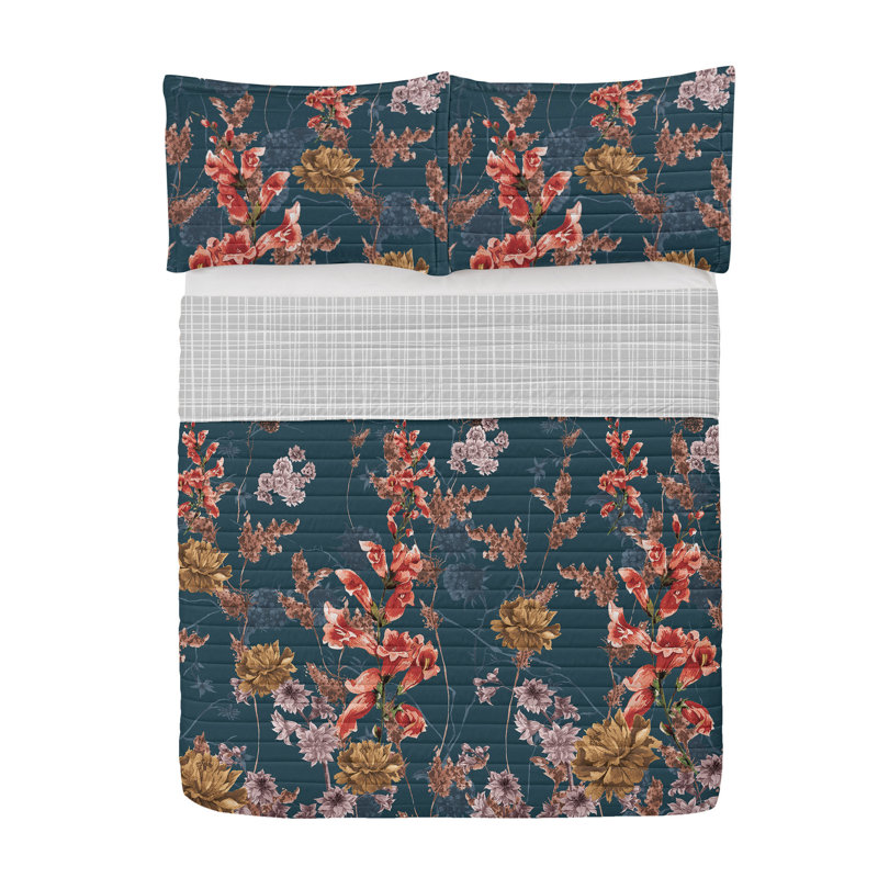 Queen Dark Petrol Blue Salmon Reversible Microfiber Bedspread Set