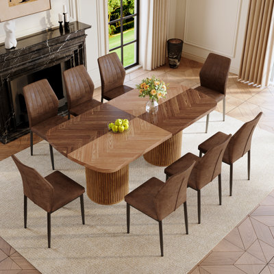 Welles Modern Dining Table Set For 8 – 79" Color-Blocking Dining Table With Dual Pedestal Base & Hidden Storage, Suede Upholstered Chairs, Large Kitchen & Dining Room Set