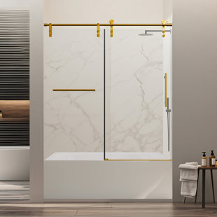 56–60" W X 66" H Frameless Sliding Shower Door, Elegant Glass Door With Towel Bar & Handle, 5/16" Tempered Glass, Brushed Gold (No Soft-Close)
