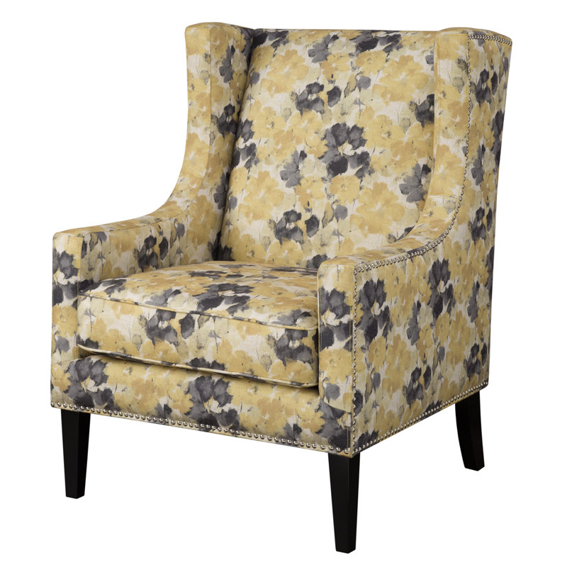 Pennard Modern Nailhead Wide Wingback Chair, Yellow/Gray Polyester Blend
