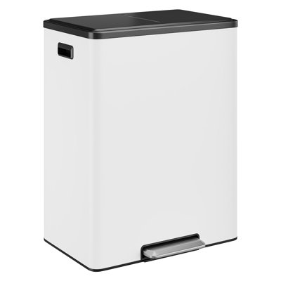 Step Dual Trash Can, 60L/15.85 Gallon Recycle Bins with Lid, 2 Removable Wastebusket, Step Pedal, Large Stainless Steel Double Trash Bin for Kitchen, Bathroom, White