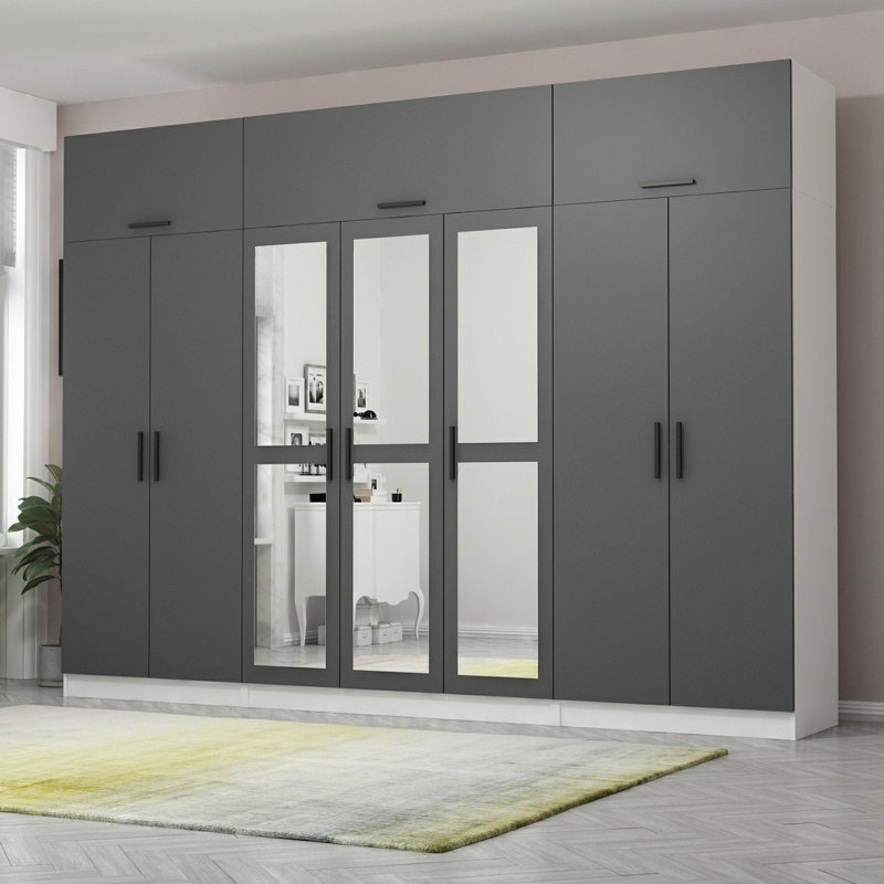 Elina 7 Door Manufactured Wood Wardrobe, 255cm H x 315cm W x 52cm D, Gray