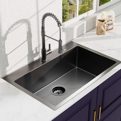 33Inch Stainless Steel Kitchen Sink In Gunmetal Black, With Black Spring Neck Faucet And Large Capacity, 33" L X 22" W 9" D, Single Bowl, Includes Bottom Grid, Strainer Drain Mounting Clips Heavy