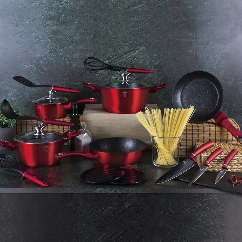 17 - Piece Non-Stick Aluminum Cookware Set, Red