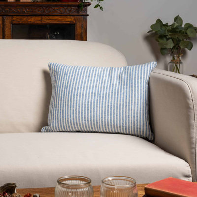 Woven Ticking Stripe Cushion in Soft Blue