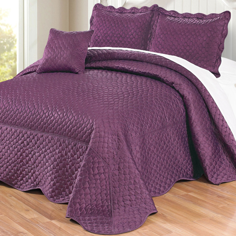 4 Piece Matte Satin Bedspread Set, King Comforter + 3 Additional Pieces, Purple