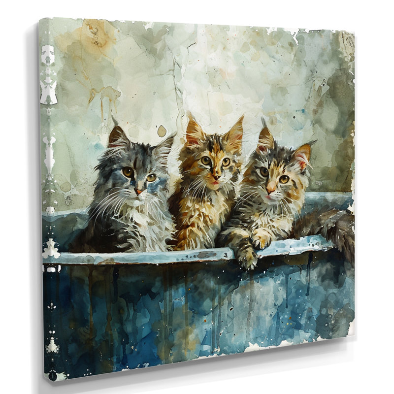 Trois chats mignons dans une baignoire - décoration murale pour salle de bain chat, Toile tendue, H 16 po x l 16 po x P 1 po