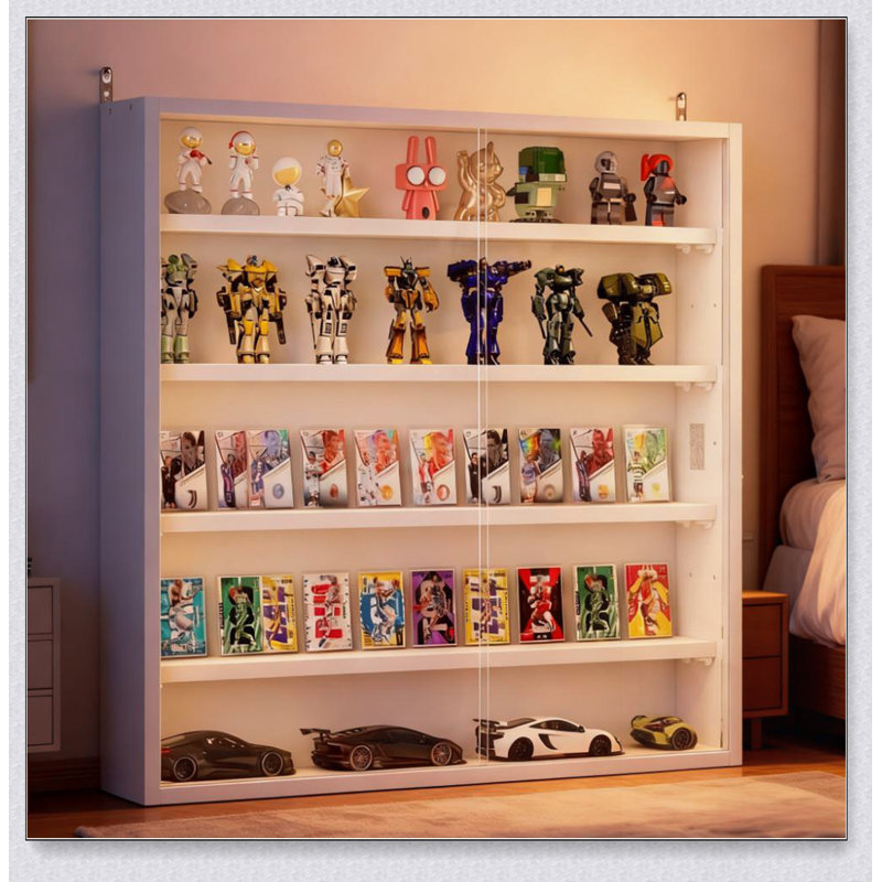 Vitrine murale à 5 niveaux avec 2 portes en verre et tablettes réglables, parfaite pour mettre en valeur des objets de collection et rehausser le décor de la pièce.