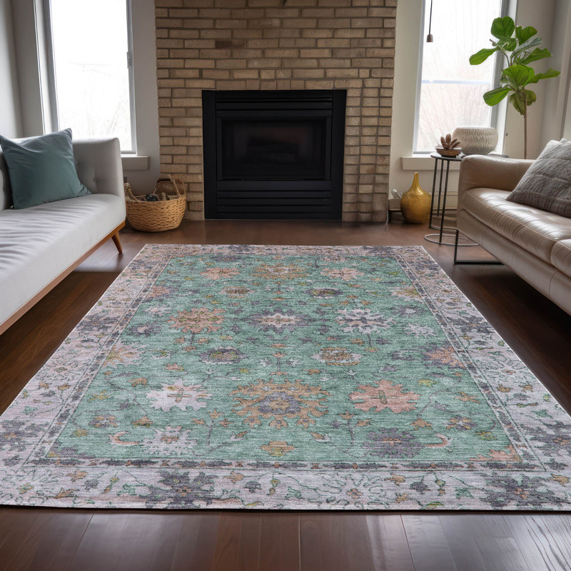 Machine Washable Indoor/Outdoor Xhevrie Mint Rug, Rectangle 9' x 12'