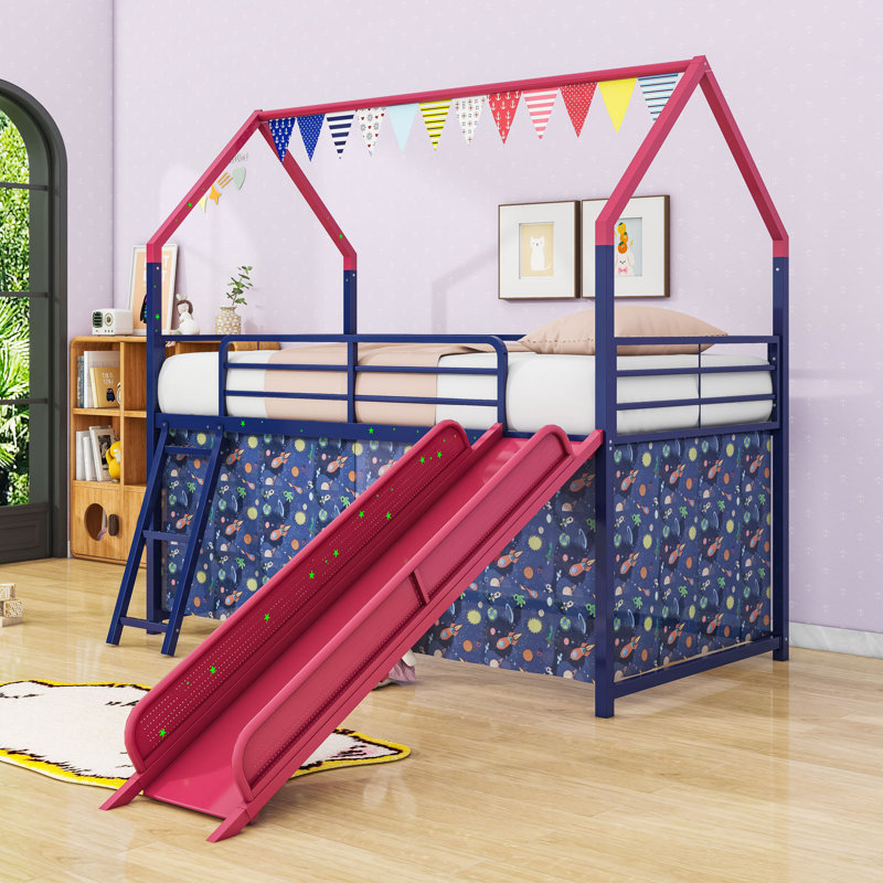 Lit mezzanine simple avec glissade et rideau, Bleu marine / rouge