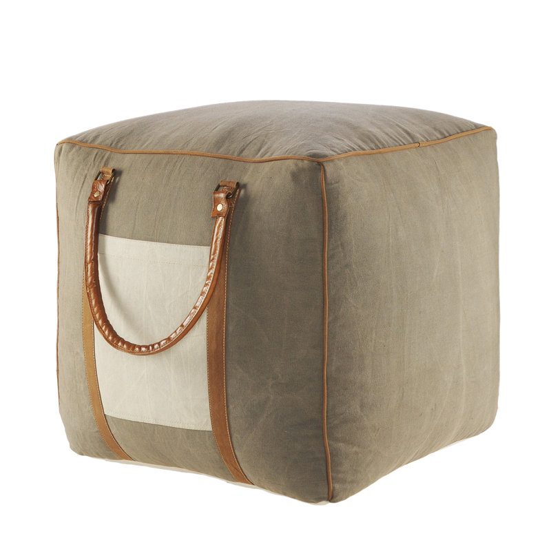 Abedin Cotton and Leather Handmade Ottoman Pouf, Brown/Gray/Cream