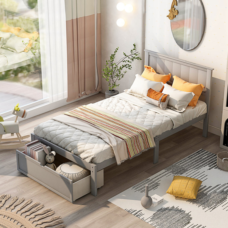 Solid Wood Platform Storage Bed, Gray, Twin