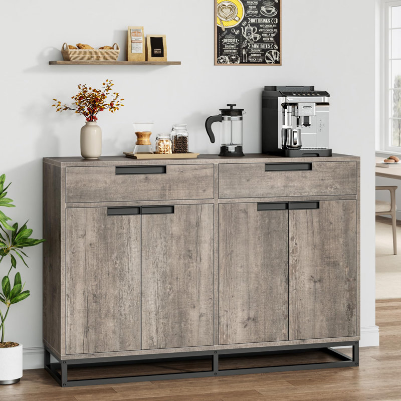 55" Farmhouse Sideboard Buffet Cabinet with 2 Drawers & 4 Doors, Kitchen Coffee Bar Storage Cabinet, Gray
