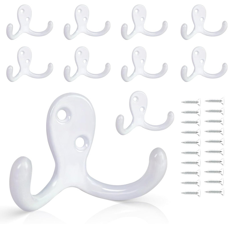 Paquet de 10 crochets muraux pour suspendre, crochet en métal robuste à double branches pour salon, salle de bain, cuisine, chambre à coucher pour manteau, sac, écharpe, serviette, chapeau, clé, tasse (blanc)