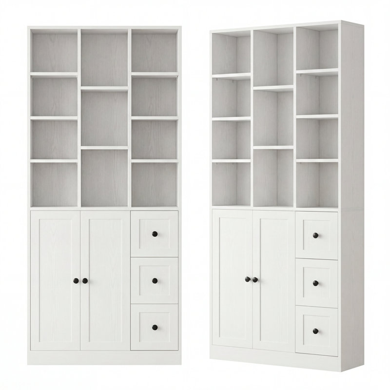 Bookcase with Cabinet Door and 3 Drawers , 11 cube Bookshelf and bookcase Cabinet Storage With 4 Adjustable Shelves For Study