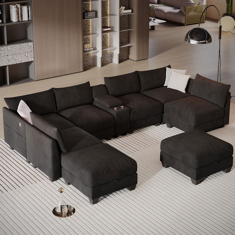  Amold 136.2'' U-Shaped Sectional Sofa, 8-Seater Modular Couch, Comfy Living Room Cloud Sofa With Ottoman And Console