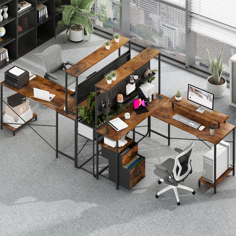 Brown/Black L-Shaped Gaming Desk with Power Outlets and Drawers