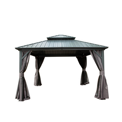 Pavillon de jardin à toit rigide de 12 pi x 12 pi, pavillon en métal et aluminium avec double toit en acier galvanisé, rideau et filet, pavillon de pavillon permanent pour patio, cour arrière, terrasse, pelouse