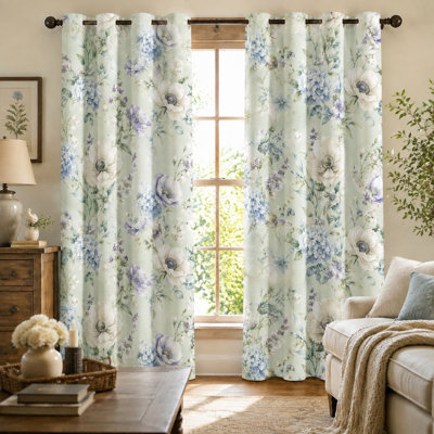 2Pcs Vintage Floral Print Sun Blocking Curtains, Delicate Anemone and Hydrangea Pattern Eyelet, Aesthetic Room Darkening for Living Bedroom Decor for Home Dector
