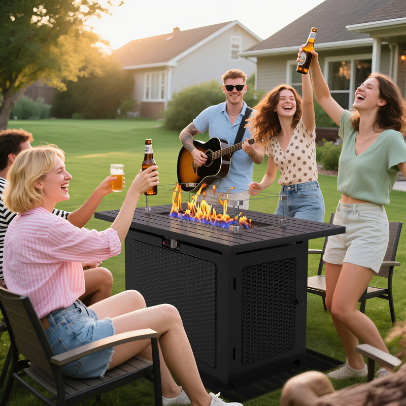 Rosalin 27'' H x 43'' W Steel Propane Outdoor Fire Pit Table with Cover