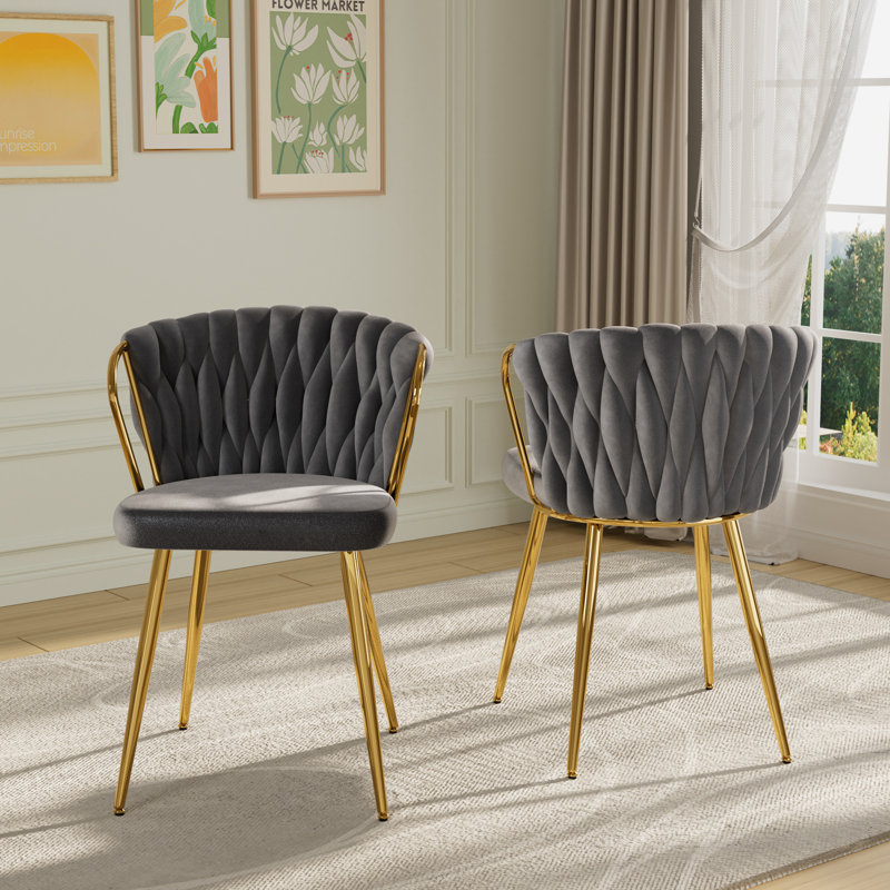 Ensemble de 2 chaises de salle à manger modernes en velours, chaises rembourrées tissées avec pieds en métal argentés, chaises d'appoint modernes pour le salon, la salle à manger, la cuisine