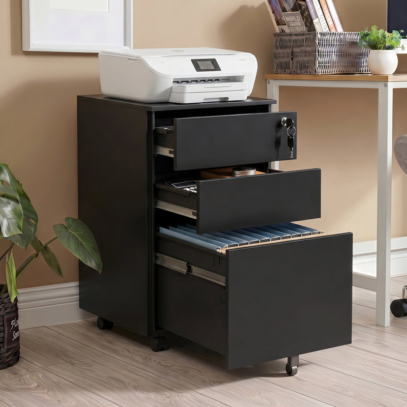 23.6" H Tall Locking 3 Drawer Rolling File Cabinet, Fully Assembled Except Casters, Black