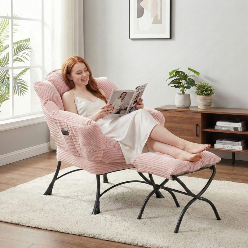 Modern Soft And Comfortable Accent Chair With Ottoman, Armrests And Side Pocket For Small Spaces, Pink Corduroy
