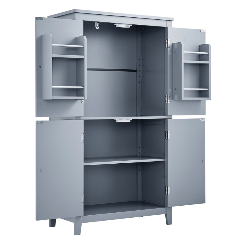 Tall Grey Bathroom Storage Cabinet With 4 Doors, Adjustable Shelves, Make Full Use Of Space Freestanding Cabinet, Doors Versatile