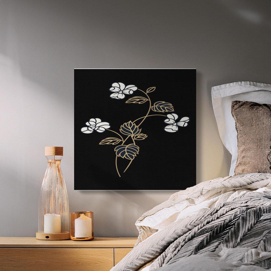 Faux Gold Botanical Canvas Wall Art, Elegant Floral Print on Black, Modern Luxury Home Decor Piece, Housewarming Gift