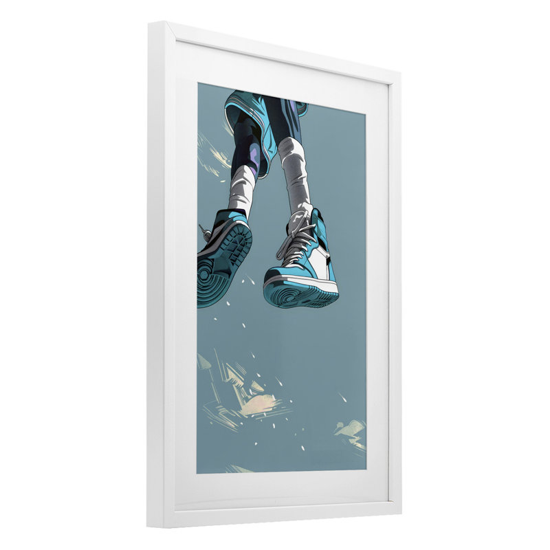 Saut sportif avec espadrilles, reproduction encadrée sous verre, design par Ray Powers, H 23 po x l 17 po, Cadre blanc côtier