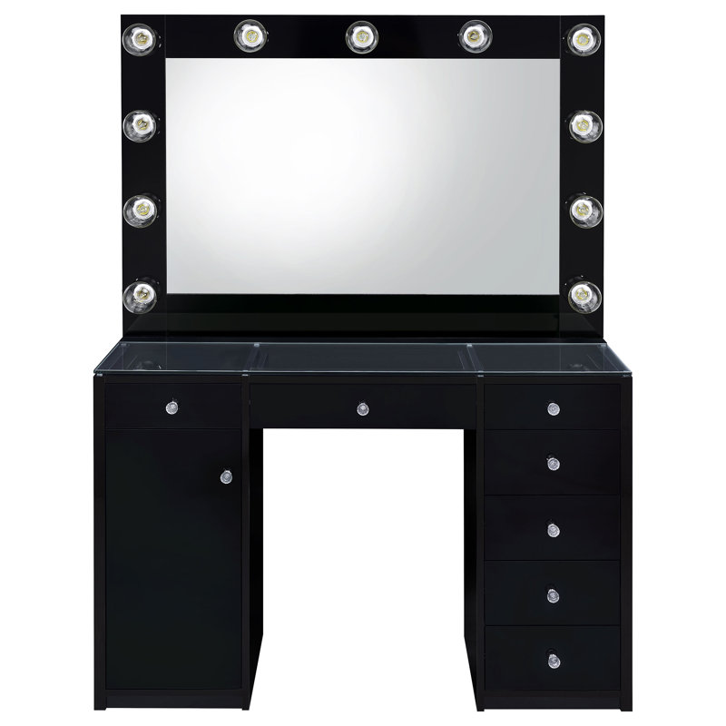Amargosa 7-Drawer Makeup Vanity Table with LED Hollywood Mirror Lighting, Black