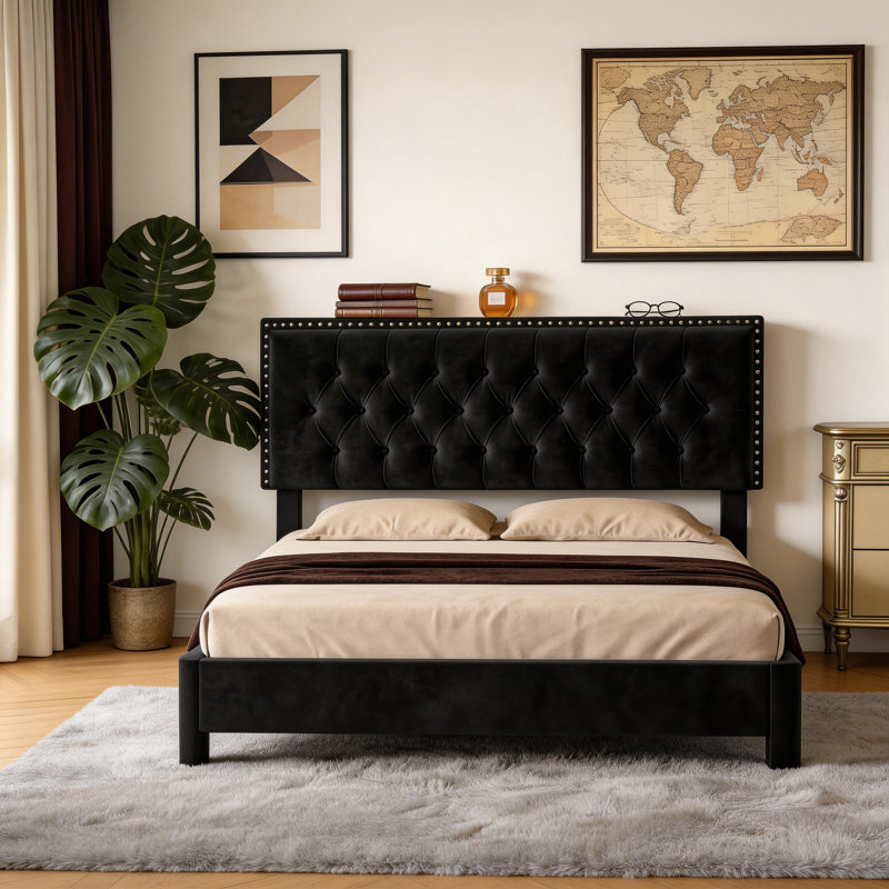 Cadre de lit grand avec tête de lit, cadre de lit plateforme tapissier, cadre de lit capitonné à boutons grand, support de lattes en bois, aucun sommier requis, assemblage facile, noir