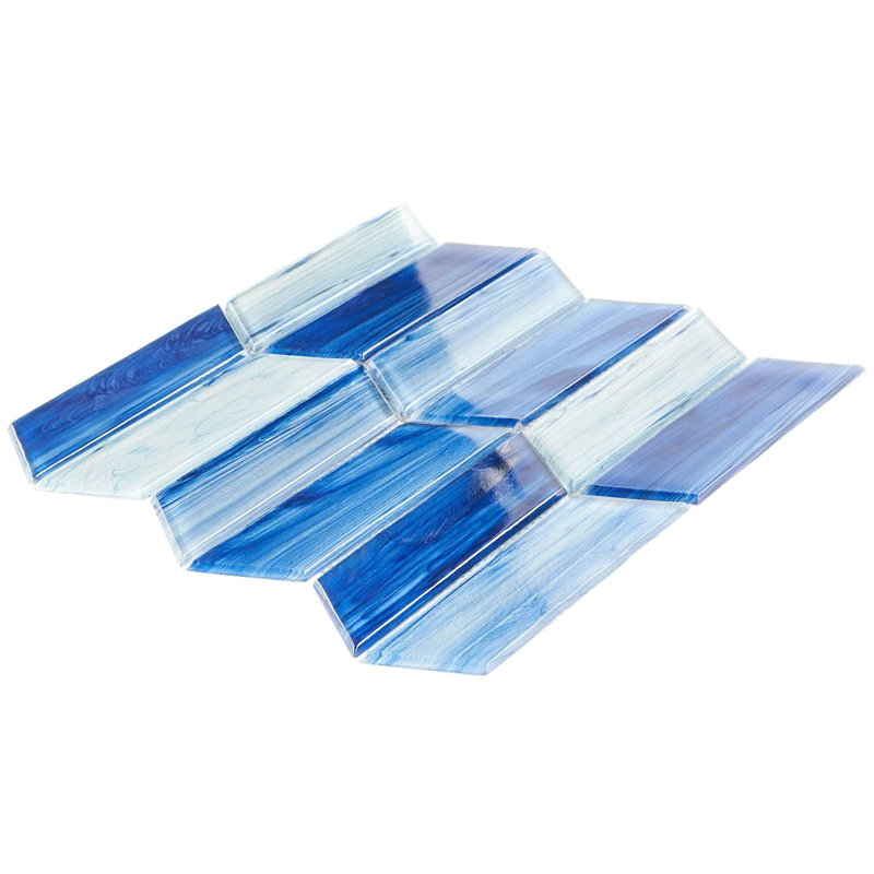 Maya 2x7 Chevron Polished Glass Mosaic Tile, Chevron Azur