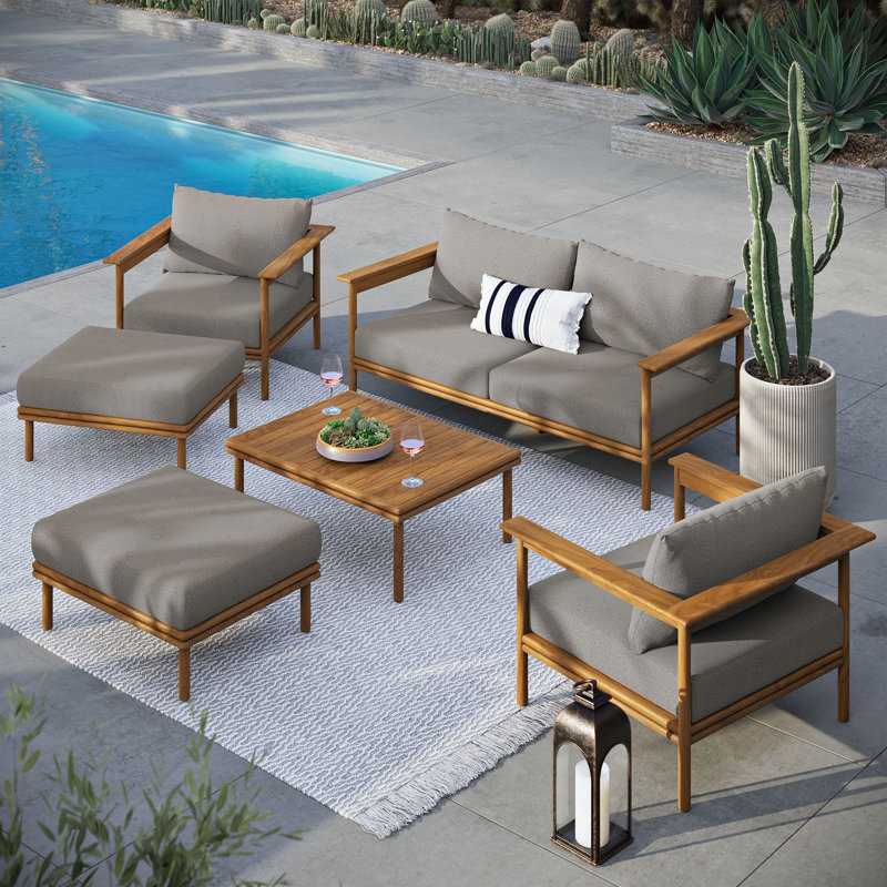 Wren 6-Piece Outdoor Patio Teak Wood Furniture Set In Natural, Driftwood