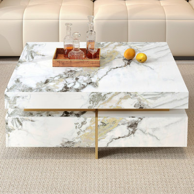 Modern Square Marble Textured Coffee Table With 4 Drawers And Suspended Base, White, 43.3"