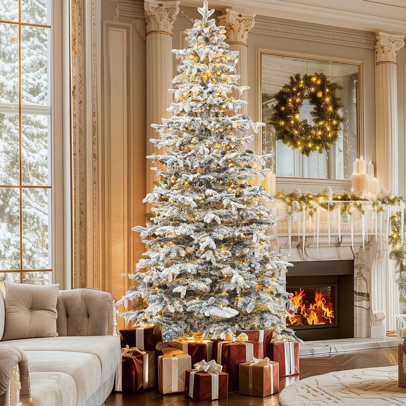 Arbre de Noël enneigé 7,5 pi avec des pommes de pin, 7,5 pi