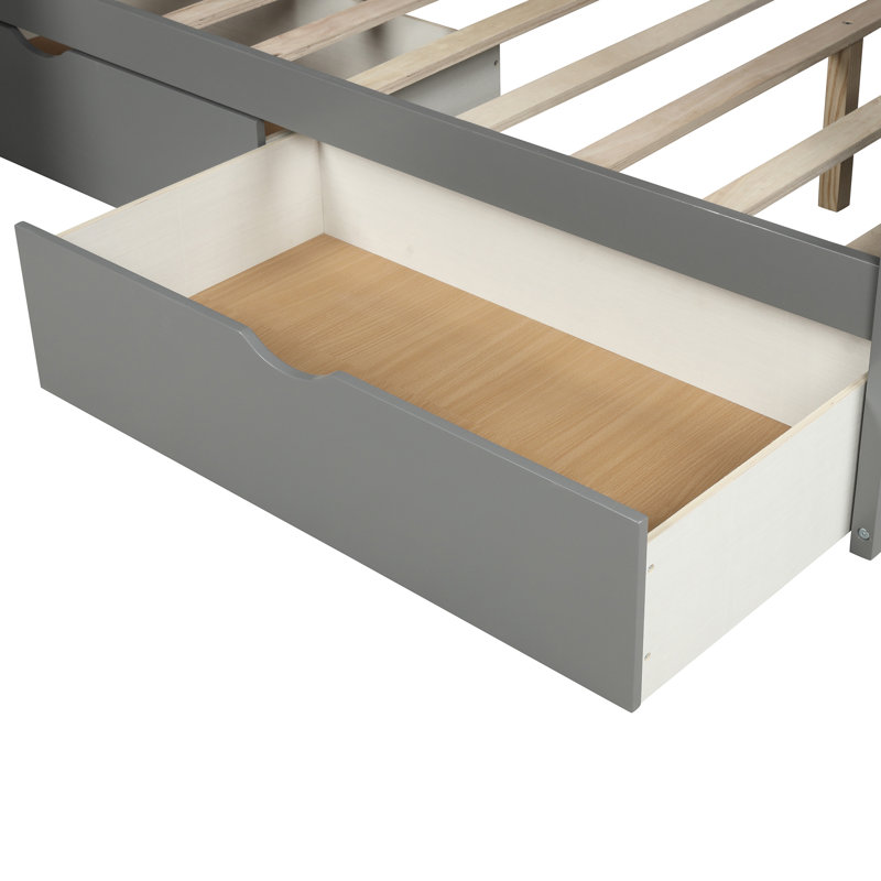 Lit simple superposé au dessus d'un lit double avec tiroirs, rangement et glissade, gris, gris