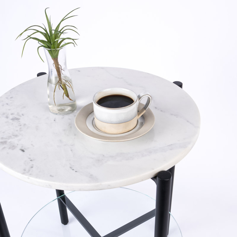 Ansted Marble/Glass Top End Table with Storage, Black, White