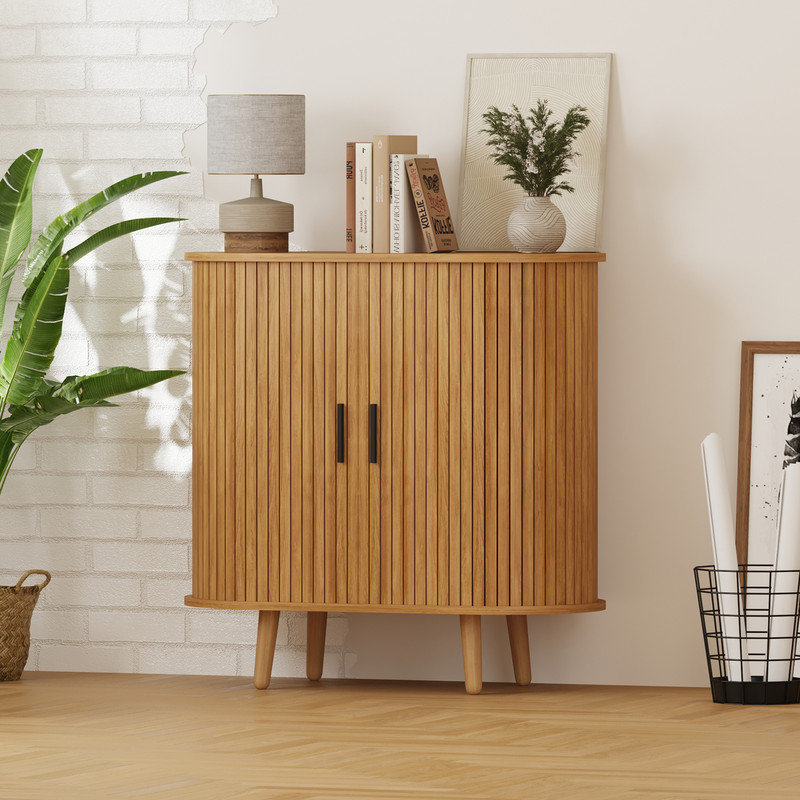 Buffet 31,5 po à lattes cannelées, rangement avec portes coulissantes et tablette réglable, console moderne avec table basse et bar pour le salon, la cuisine, la salle à manger et le vestibule