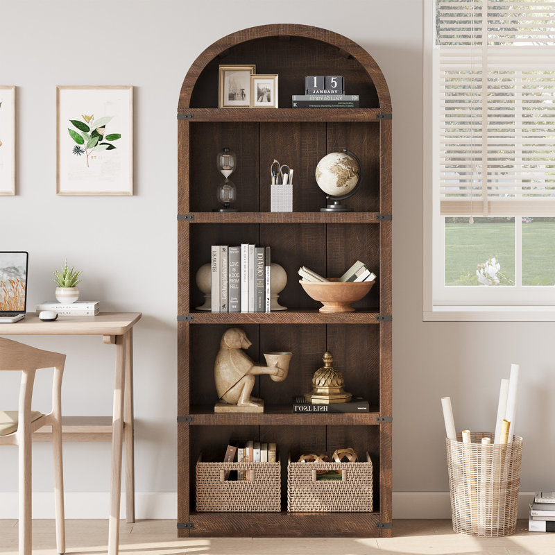 71.65" Tall Arched 5-Shelf Farmhouse Bookcase – Wooden Storage Rack for Home Office, Living Room (Brown), Brown