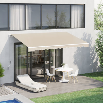 13' X 8' Beige Awning. & Water-, Aluminum Frame. Manual Crank For Sunshade And Heat Reduction On Balcony, Patio, Deck, Yard Patio Awnings Beige. Frame With Sun Protection