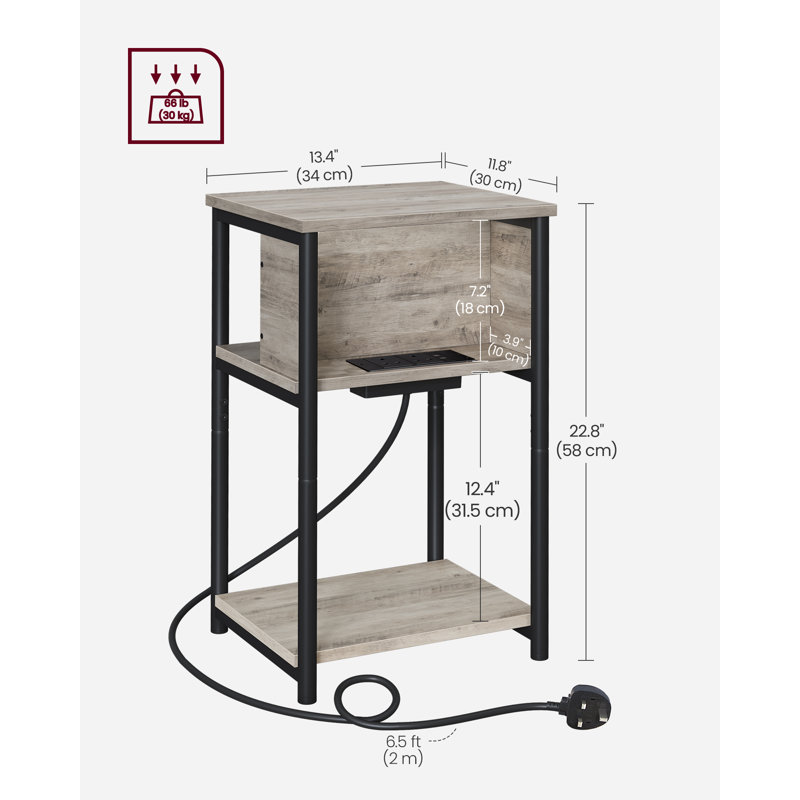 Alce End Table with Built-In Outlets, Heather Greige